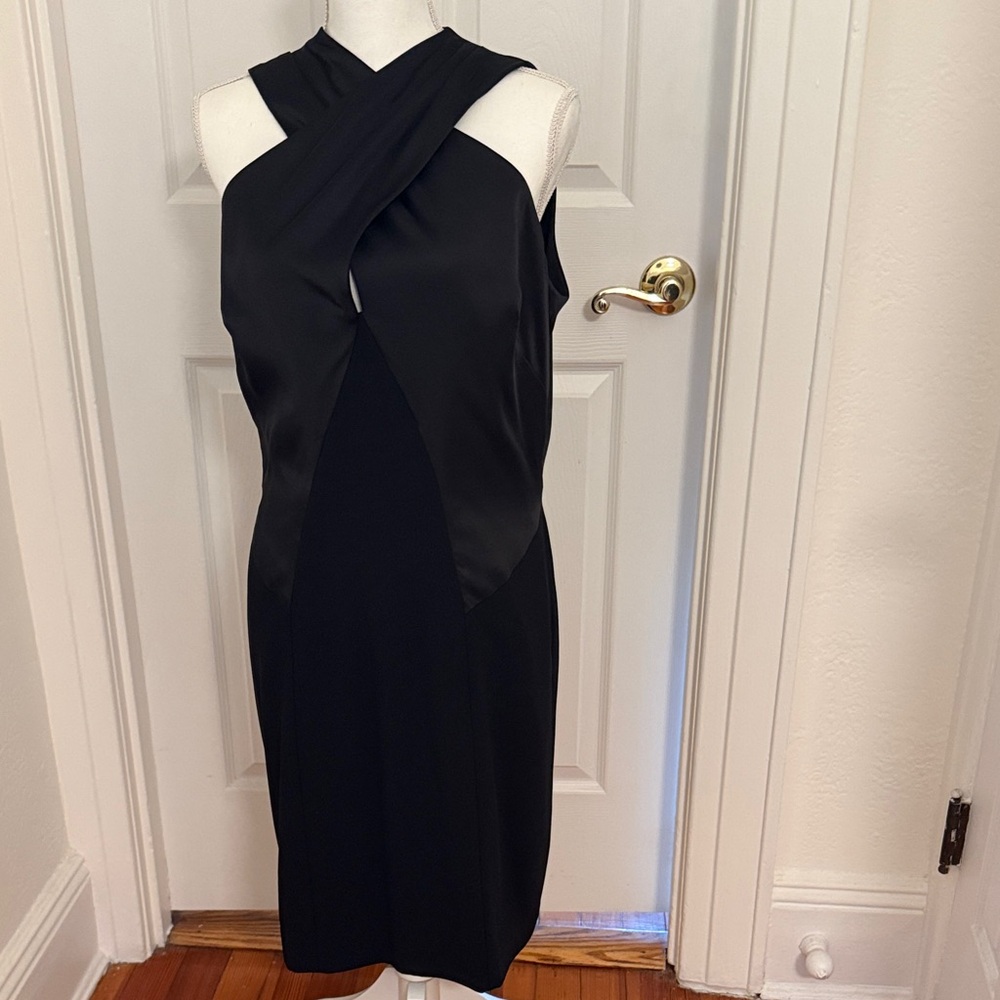 Elegant Black Satin and Crepe Lauren Sleeveless Sheath Dress